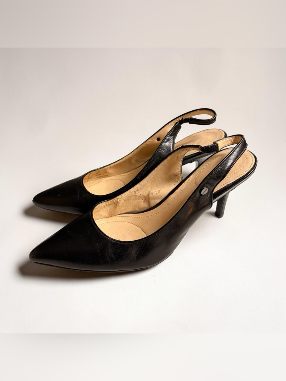 Calvin Klein Black Leather Pointed Toe Slingback Kitten Heels 90s Minimalist